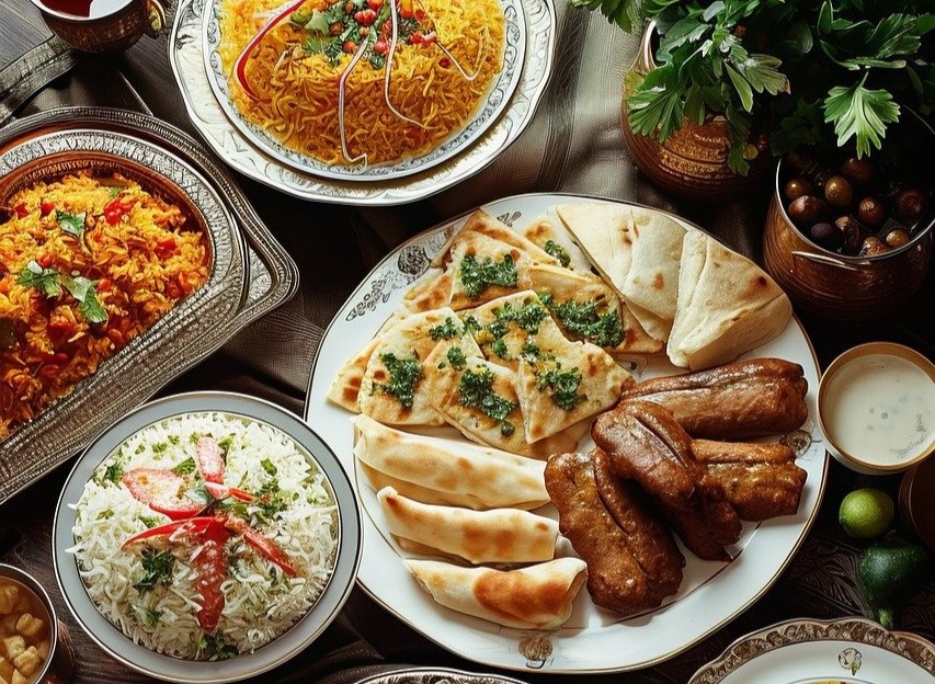 A variety of colorful dishes arranged on a table,